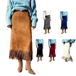Women's Elegant Faux Suede Fringe Maxi Skirt High Waist Slim Fit H-Line Tassel Hem Long Skirt Autumn Winter Fashion