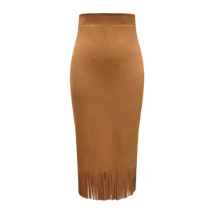 Stylish brown suede fringe midi skirt for women, high waist slim fit H-shape long skirt.