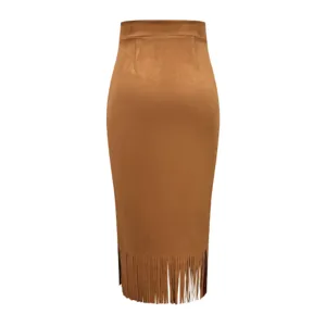 Women's autumn winter elegant fringe long suede skirt high waist slim fit midi skirt brown