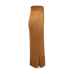 Women brown suede fringe long skirt autumn winter elegant chic slim fit maxi skirt