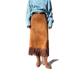 Women's Autumn Winter Fringe Suede Midi Skirt Elegant Slim Long Skirt Comfortable