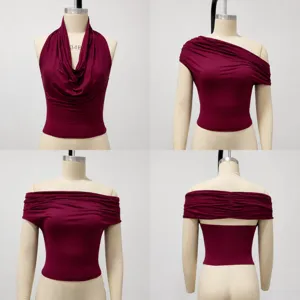 Sexy multi-way halter neck crop top wine red versatile women slim fit summer stylish