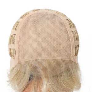 Detailed view of blonde short wig inner cap, breathable monofilament top design for women.