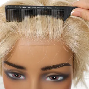 Close-up detail of blonde lace front wig, natural hair texture and breathable mesh cap.