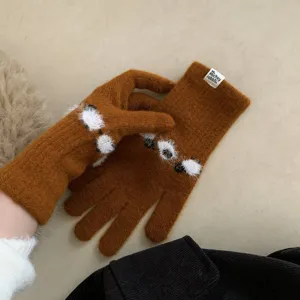 Women Vintage Jacquard Knit Gloves Warm Wool Blend Sheep Pattern Full Finger Gloves Korean Style Winter Mittens