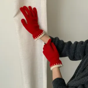 Korean Style Wool Blend Knitted Gloves For Women Winter Warm Touchscreen Contrast Color Jacquard Five Finger Gloves