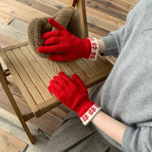 Korean Style Snowflake Jacquard Knit Contrast Color Gloves Women Autumn Winter Warm Touchscreen Full Finger Wool Mittens