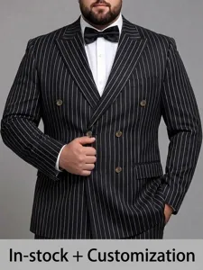 Men's Plus Size Pinstripe Suit Set Double Breasted Blazer and Pants Business Wedding Banquet Formal Suit For Men