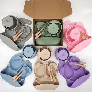 Baby Siliconen Servies Set Zuignap Bord Kom Lepel Vork Beker Voeding Benodigdheden