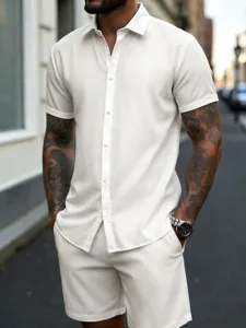 Men Casual Two Piece Outfit Lyocell Blend Short Sleeve Polo Shirt And Shorts Summer Beach Vacation Set