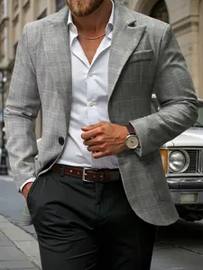 Men's Plaid Suit Jacket Peak Lapel Single Breasted Two Button Business Casual Blazer With Large Pockets Formal Top
