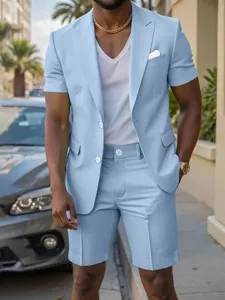Uomo Estate Casual Tinta Unita Manica Corta Abito Due Pezzi Revers a Tacca Blazer e Pantaloncini Abbinati Outfit