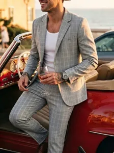 Herren Plaid Anzug Set Light Business Casual Straight Fit Karomuster Sakko Und Hose Anzug Für Bankett Büro Alltag