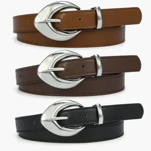 Women Fashion PU Leather Belt Minimalist Moon Metal Pin Buckle Casual Commuting Jeans Decorative Waist Belt