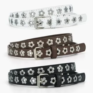 Punk Style Plum Blossom Punch Eyelet PU Leather Thin Belt Women Casual Fashion Metal Buckle Jeans Waist Accessories