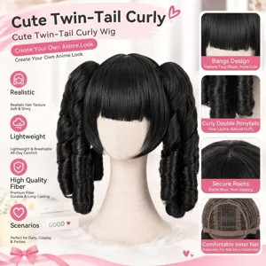 Lolita Black Double Pigtail Spiral Curls Bangs Retro Roman Doll Curly Hair Synthetic Fiber Two-Dimensional Cosplay Wig