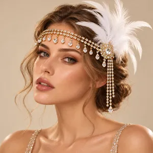 Coiffe à Plumes Great Gatsby 1920s Vintage Bandeau en Strass à Glands Flapper Fête Banquet Accessoires de Cheveux pour Femmes