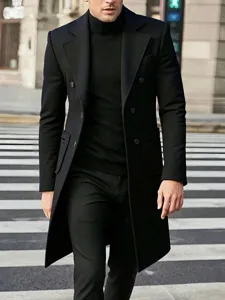 Men's Double Breasted Notched Lapel Wool-Look Overcoat Regular Fit Mid-Length Polyester Trench Coat For Autumn Winter