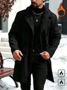 Men Winter Double Breasted Woolen Overcoat Fleece Lined Warm Lapel Long Peacoat For Cold Weather Fashion Outerwear Jacket