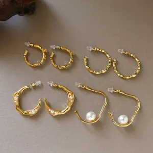 Pendientes de Aro en Forma de C con Perla y Circonia Poste de Plata de Ley 925 Aleación Perla Artificial Circonia Elegantes Joyas