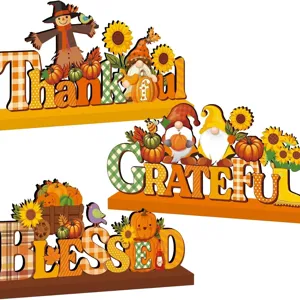 Thanksgiving Wooden Table Top Decorations Harvest Pumpkin Turkey Signs Blessed Grateful Thankful Tiered Tray Decor