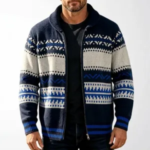 Vintage Ethnic Jacquard Men's Knit Cardigan Sweater Winter Thick Full Zip Shawl Collar Geometric Pattern Soft Knitted Top