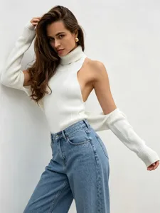 Women Casual Knitwear Set Halter Neck Mock Neck Pullover Top With Shawl Long Sleeve Two Piece Set Slim Fit Fashion Outfit