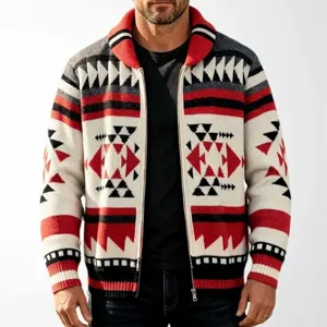 Cardigan con Cerniera a Maniche Lunghe da Uomo Risvolto Jacquard Maglione in Maglia Geometrica Capispalla Caldi Moda Casual Autunno Inverno