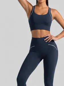 Women High Impact Sport Yoga Set Top And Bottom Linear Design Padded Bra And High Waist Leggings Tummy Control Gym Activewear