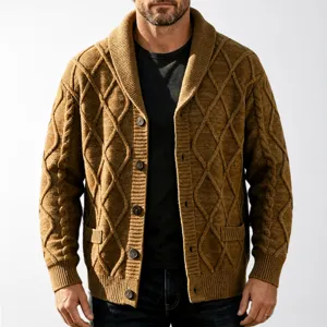 Uomo Vintage Melange Maglia a Trecce Cardigan Maglione Spesso Collo Sciallato Bottoni Misto Lana Casual Inverno Top Giacca