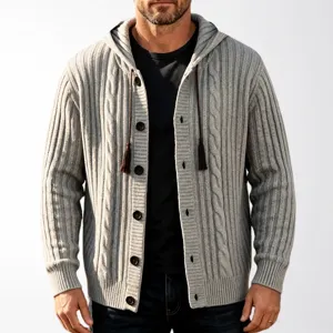 Men's Vintage Marl Cable Knit Hoodie Cardigan Thick Thermal Button Up Sweater Jacket With Tassel Drawstring Top