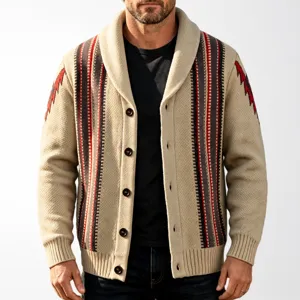Men Japanese Retro Shawl Collar Striped Cardigan Thick Knitted Sweater Jacket Jacquard Long Sleeve Top For Autumn Winter