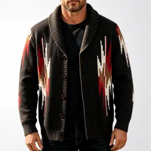 Men's Vintage Geometric Jacquard Cardigan Sweater Japanese Retro Thickened Shawl Collar Knit Outerwear Top
