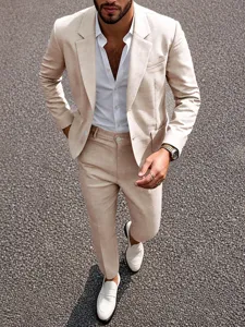 Men Slim Fit Business Suit Set Notched Lapel Single Breasted Solid Color Banquet Wedding Party Formal Blazer And Pants