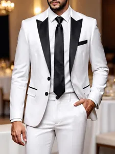 Men's Slim Fit Two Piece Suit Set White Wedding Tuxedo With Black Peak Lapel Business Casual Blazer And Pants