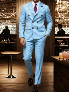 Men Polyester Pinstripe Suit Top And Bottom Double Breasted Peak Lapel Formal Business Suit For Wedding Banquet Banquet