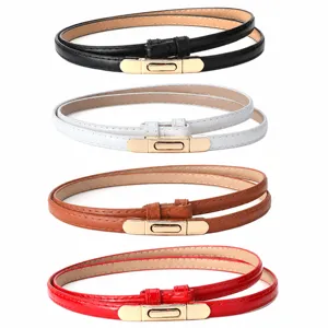 Women's Fashion Narrow Belt PU Leather Patent Matte Thin Waist Band With Gold Tone Spring Buckle Dress Pants Accessories