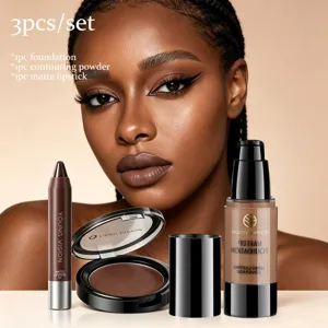 Facial Makeup Collection Liquid Foundation Pressed Powder Matte Lipstick Eyebrow Pencil Long Lasting Cosmetics Kit