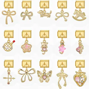Edelstahl Italienisch Charm Armband Glieder DIY Modular Vergoldet Schleife Tier Erdbeere Strass Perle Schmuck Geschenk