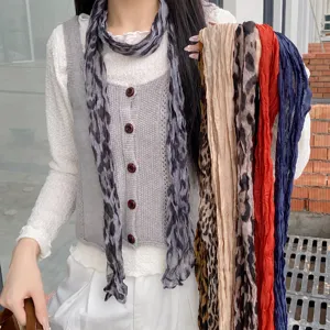 Collier Écharpe Vintage en Tissu de Coton et Lin à Pois Imprimé Léopard Écharpe Skinny Plissée à la Mode pour Femmes Accessoire Quotidien