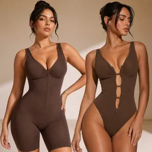 Women Seamless Shapewear Bodysuit Tummy Control Zipper Front Adjustable Straps Butt Lifter Slimming Jumpsuit Shapewear