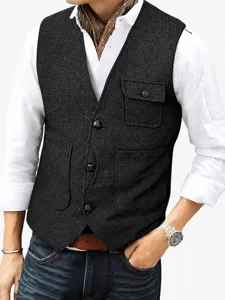 Men Business Casual Herringbone Vest Single Breasted Multi Pocket Slim Fit Polyester Vest British Style Dress Waistcoat Top