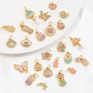 Colgantes de Dijes de la Suerte de Esmalte de Aleación Vintage Chapados en Oro Mariposa Flor de Loto Fabricación de Joyas DIY Dijes Con Decoración de Perlas Artificiales