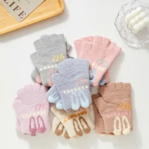 Damen Süße Hasenohr Jacquard Fingerlose Handschuhe Weich Gestrickt Kaschmirimitat Warm Halbfinger Fäustlinge Für Winter Schreiben Outdoor