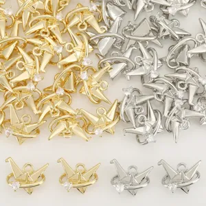 Copper 18K Gold Plated Origami Paper Crane Pendant With Heart Zirconia Inlay Handmade DIY Jewelry Finding Accessory For Women