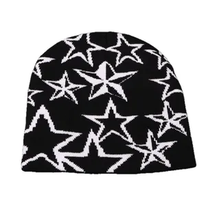Winter Knitted Beanie Hat For Women Men Y2K Streetwear Five-Pointed Star Jacquard Pattern Warm Skull Cap Brimless Acrylic Beanie Outdoor Headwear