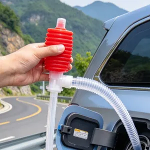 Red hand-operated siphon pump with clear hoses transferring fuel beside a car on a mountain road