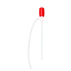 White-background view of a red hand pump bulb, clear flexible hose and rigid suction tube