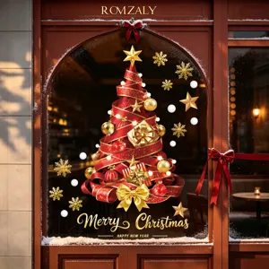Red Gold Christmas Tree Snowflake Window Clings Static Cling PVC Wall Stickers For Shopping Mall Showcase Home Decor
