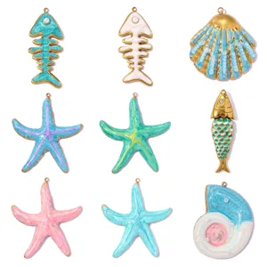 Stainless Steel Ocean Animal Pendants Enamel Starfish Fishbone Shell Koi Fish DIY Jewelry Making Rhinestone Pendants for Necklaces Earrings Women